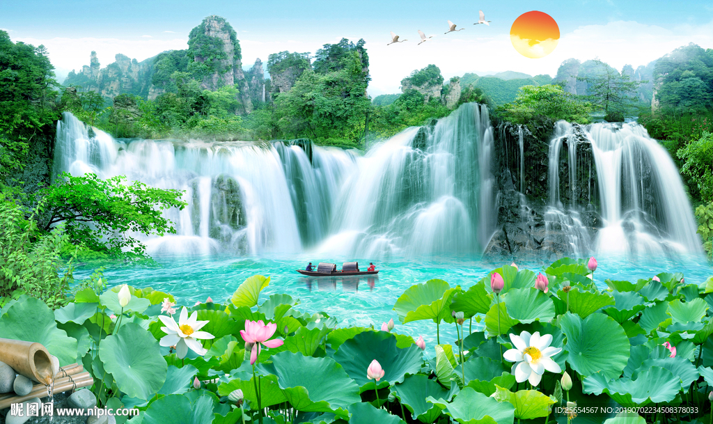 风景山水流水生财沙发背景墙