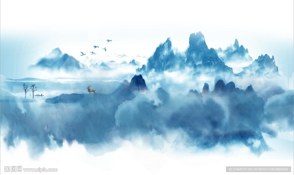 中式蓝调意境山水背景墙