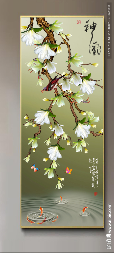 原创玉兰花鸟神韵玄关装饰画