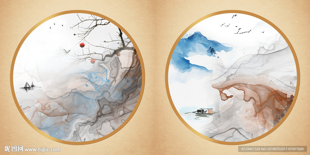二联圆形画山水