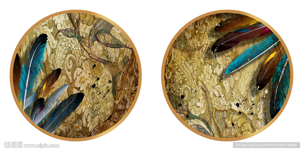 二联圆形羽毛画