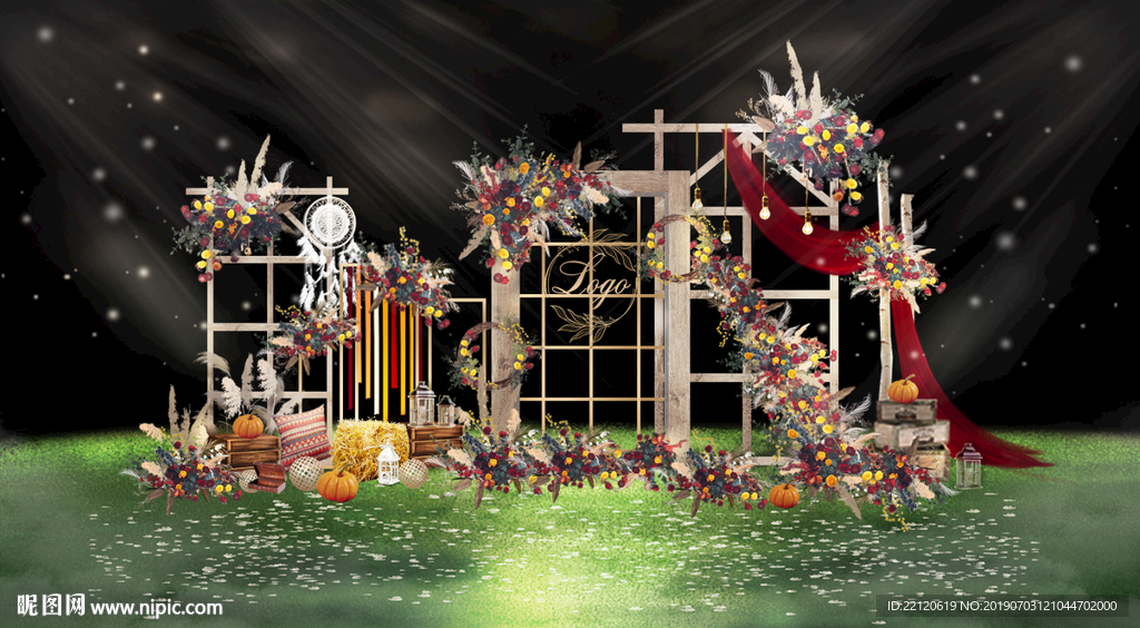 红色复古户外草坪婚礼迎宾区