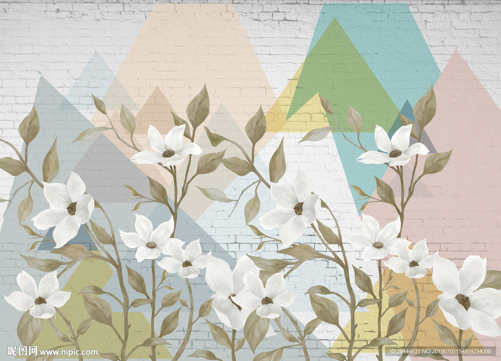 北欧简约时尚几何手绘花卉背景墙