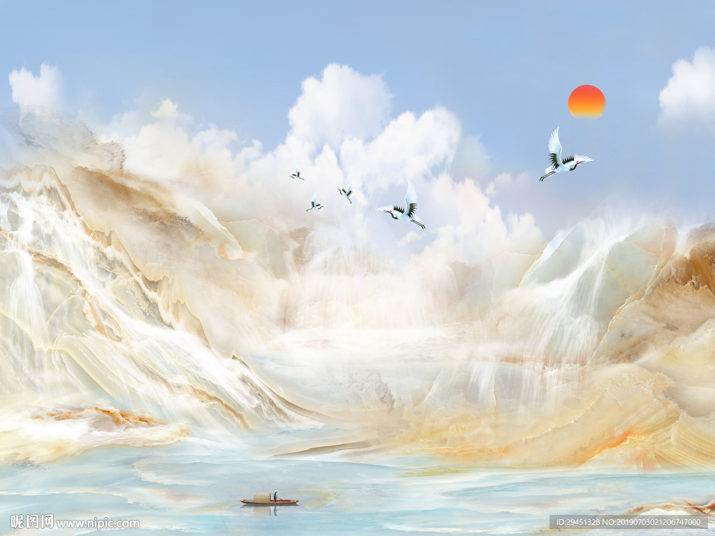 蓝天白云红日TIF分层背景墙