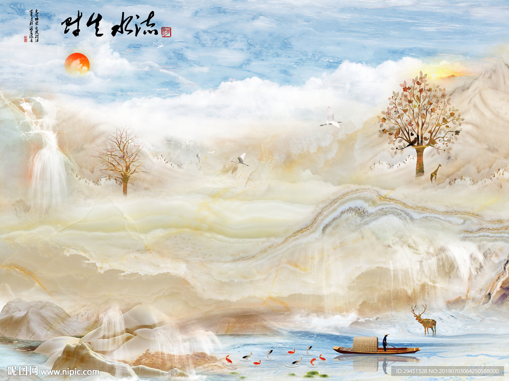 流水生财大理石TIF分层背景墙