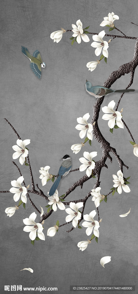 新中式手绘玉兰花鸟玄关背景墙