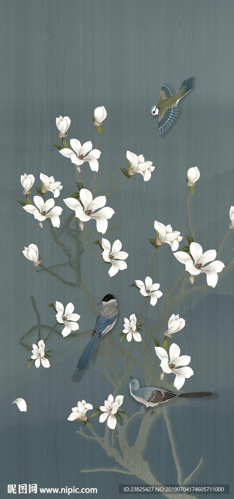 新中式手绘玉兰花鸟玄关背景墙