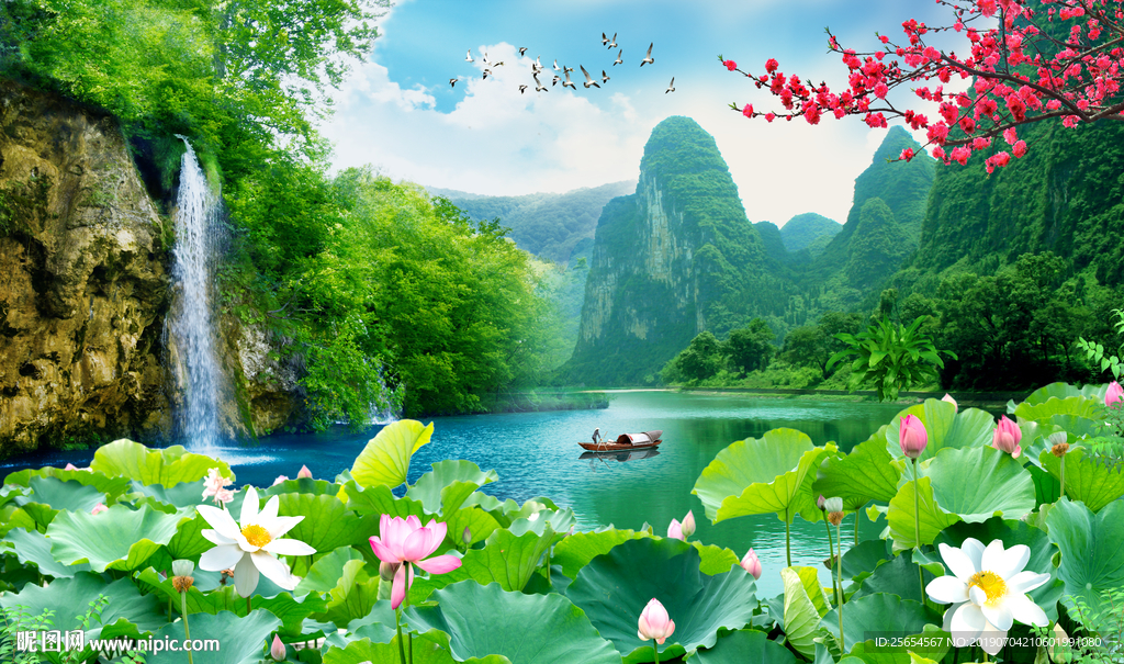 荷花流水背景墙