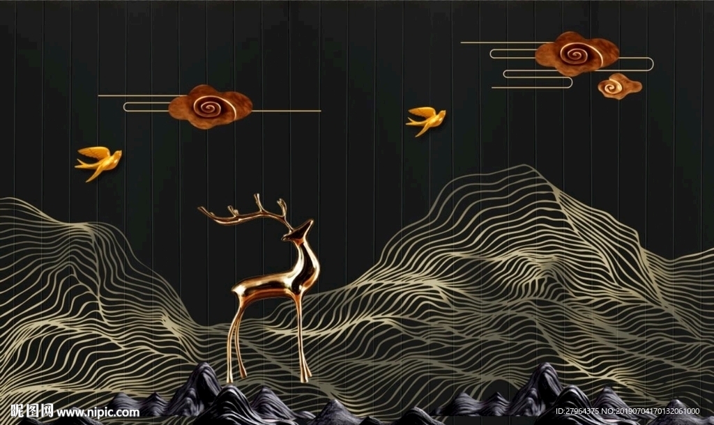 金色浮雕线条山飞鸟鹿电视背景墙