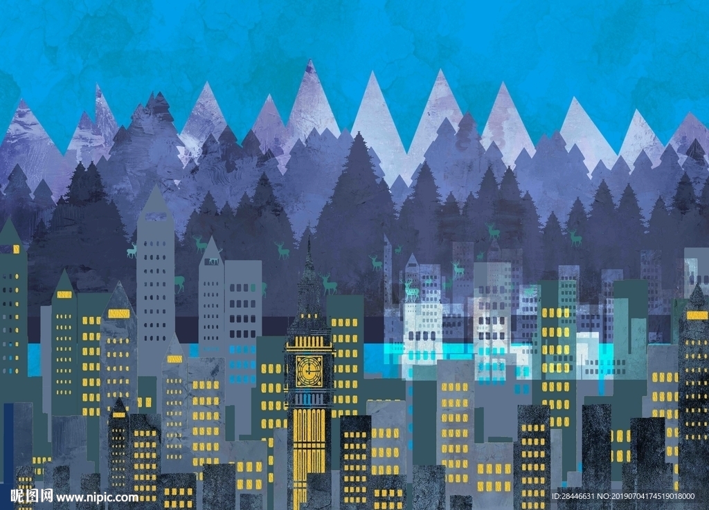 北欧卡通山城市儿童房背景墙