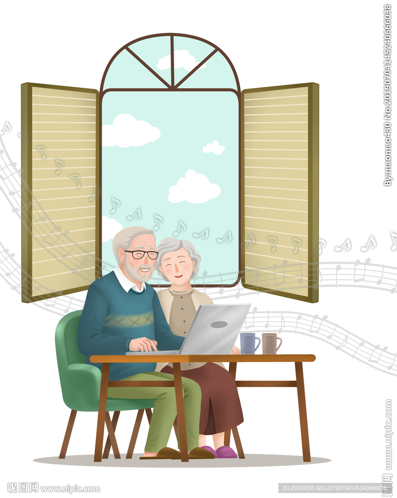 插画手绘幸福的老年夫妻