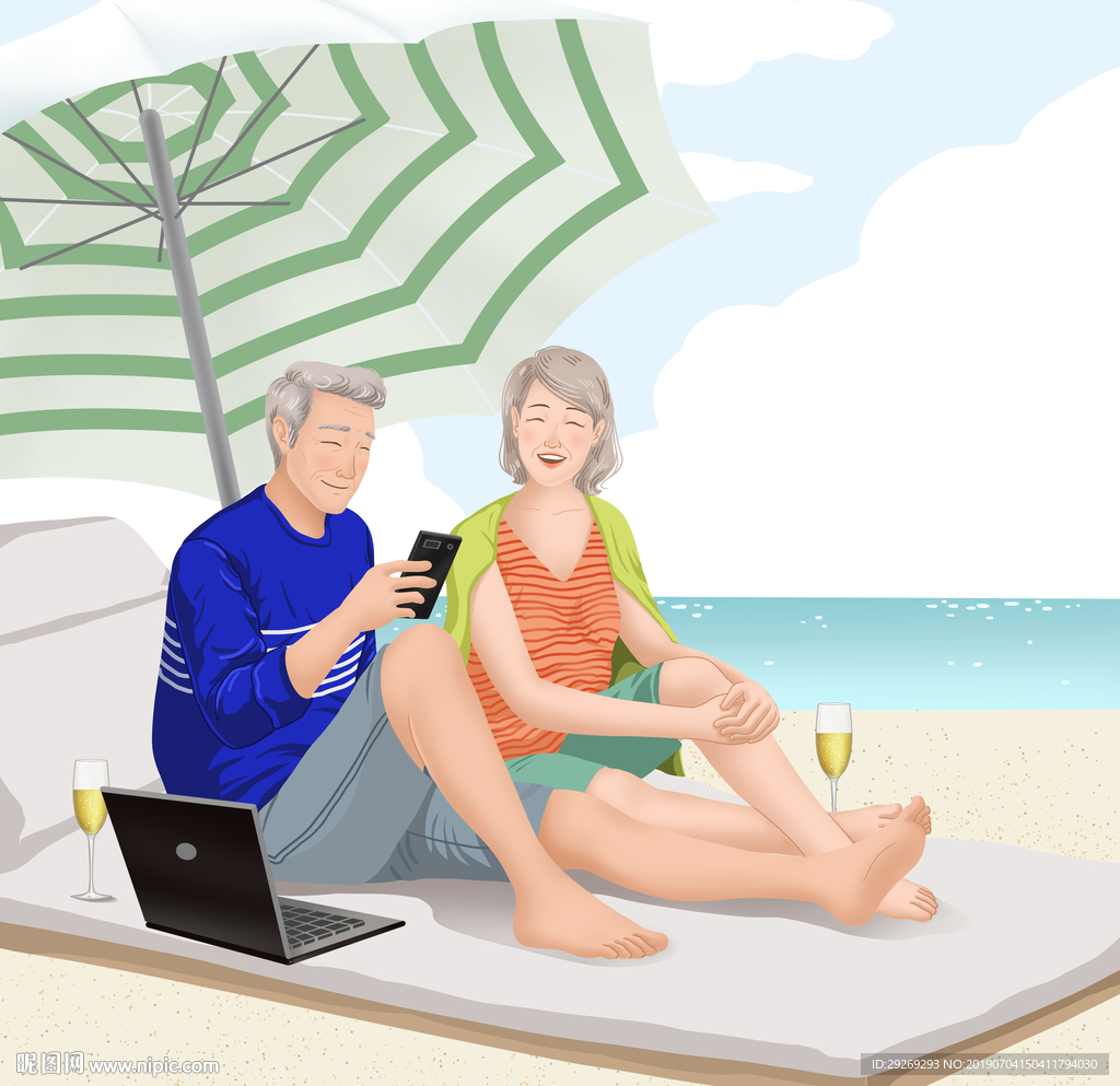 插画手绘老年夫妻度假