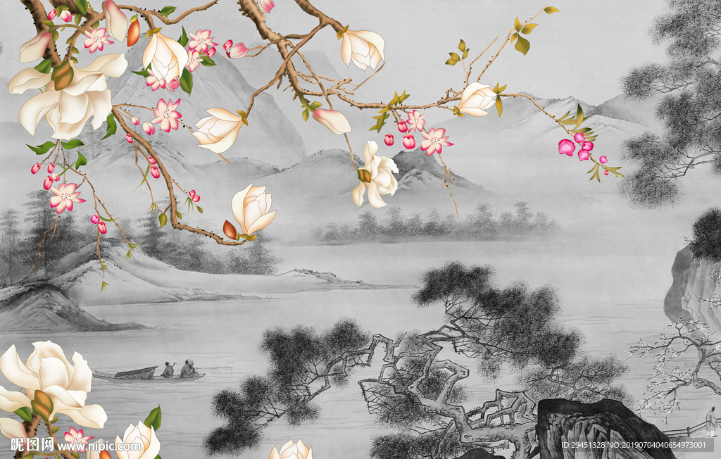 分层花朵山水画