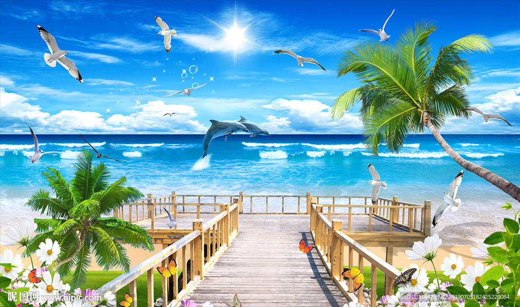 3D热带度假海岛椰树风景背景墙