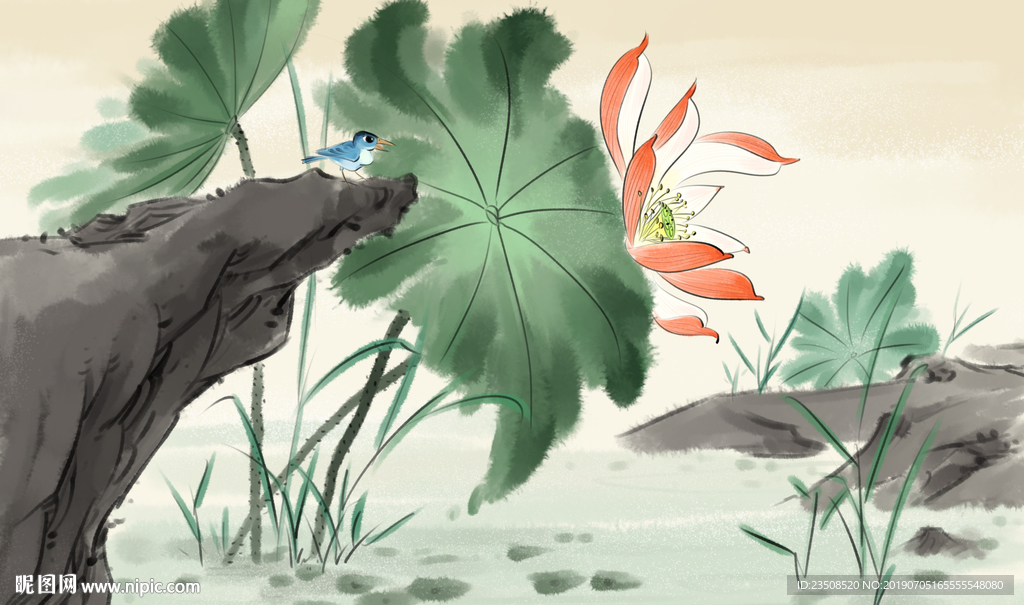 中国风荷花工笔画