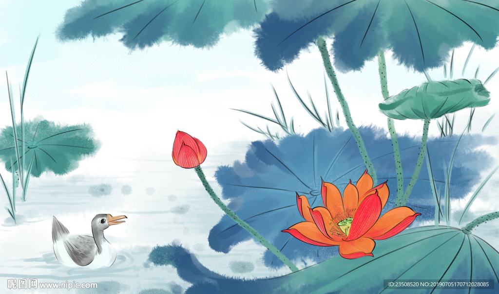 中国风荷花工笔画