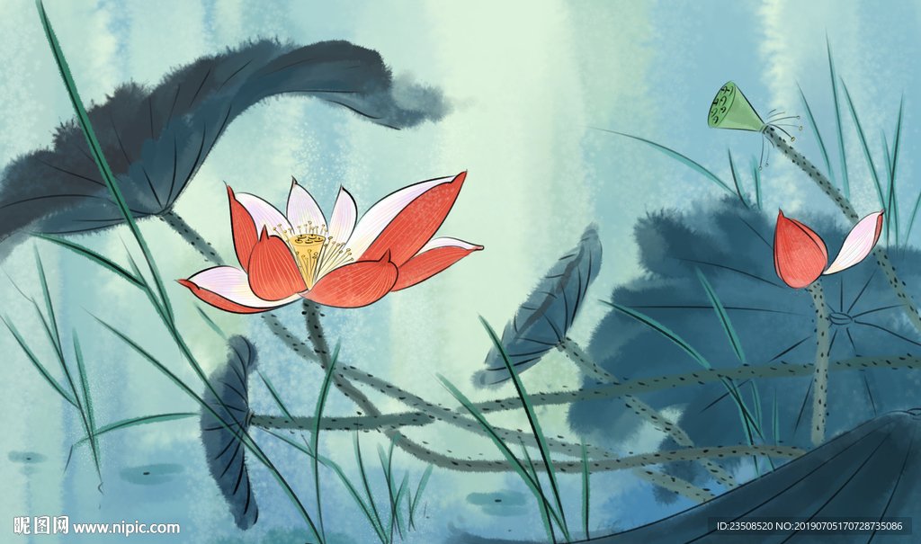 中国风荷花工笔画