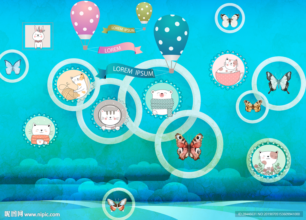 卡通猫咪儿童房背景墙