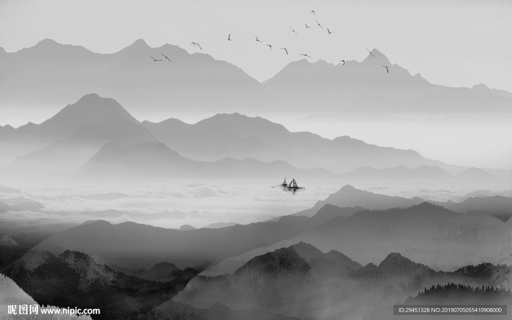 中式山水水墨画TIF分层