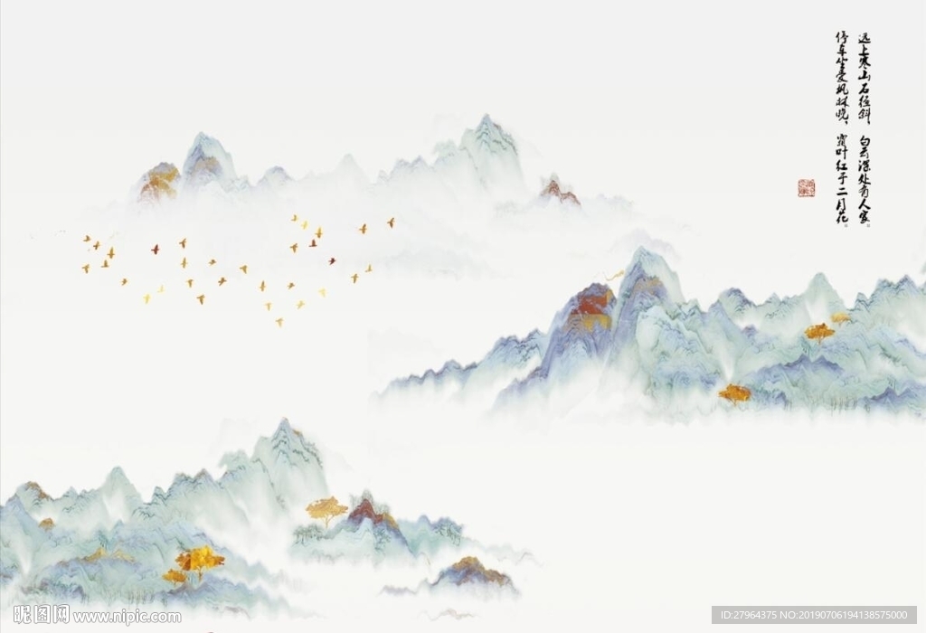 简约新中式线条水墨山水背景墙