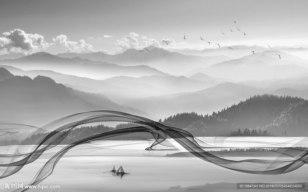 灰色烟雾写意山水画 TIF分层