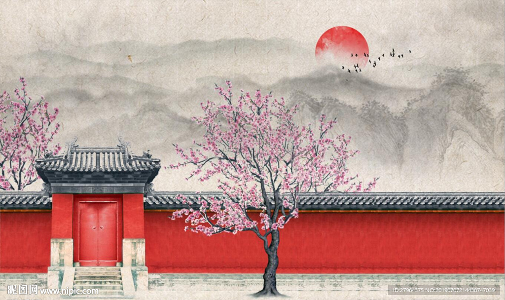 古典意境宅门红墙远山写意背景墙