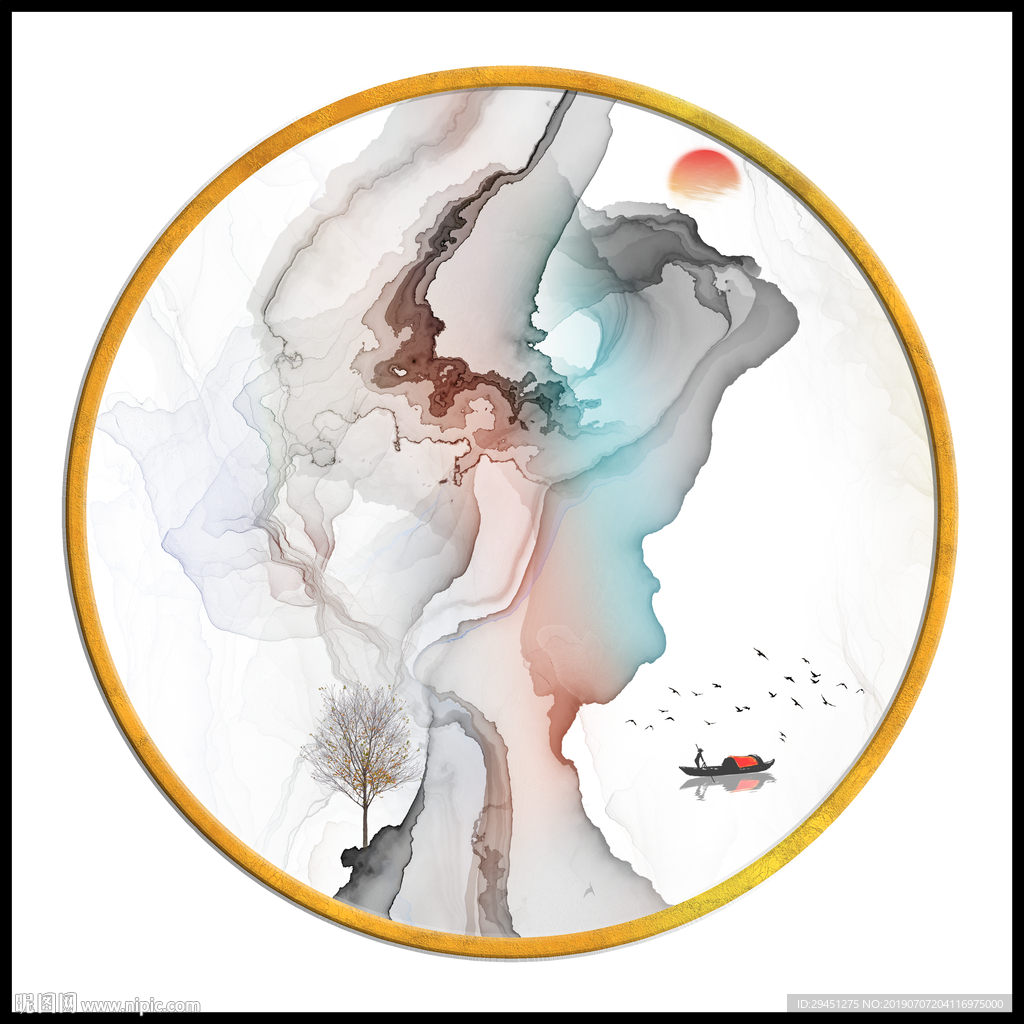 新中式水墨线条壁画 TIF分层