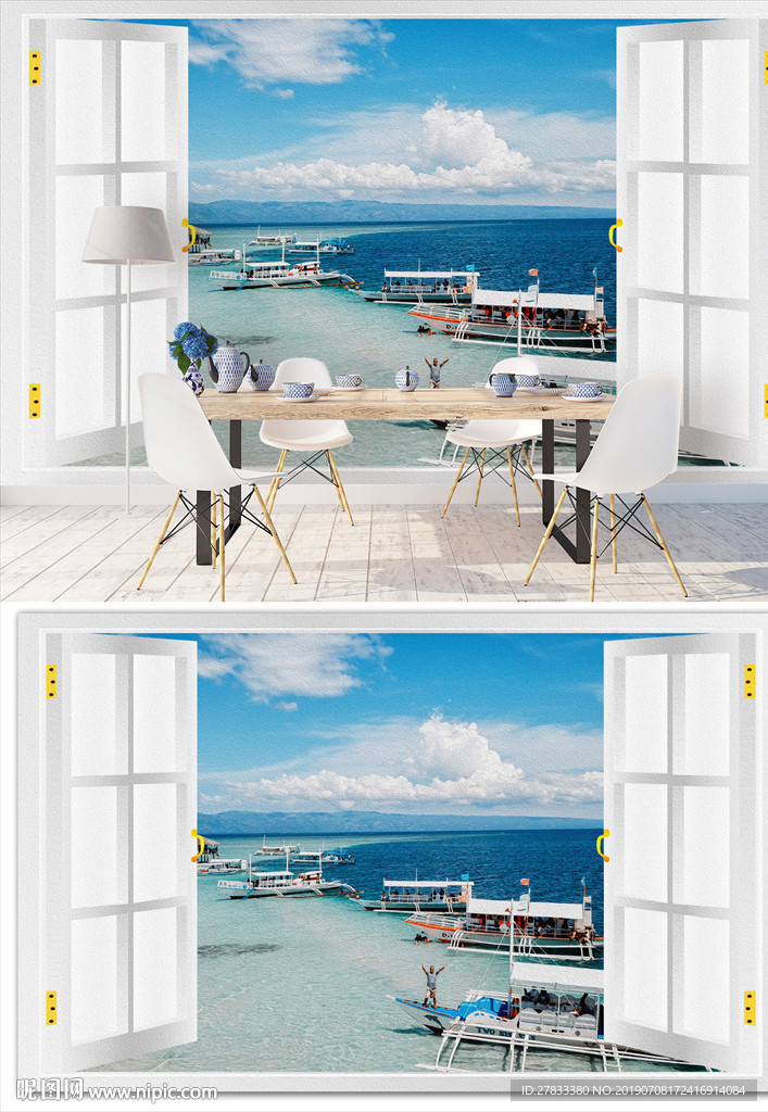 3D立体夏日窗外背景
