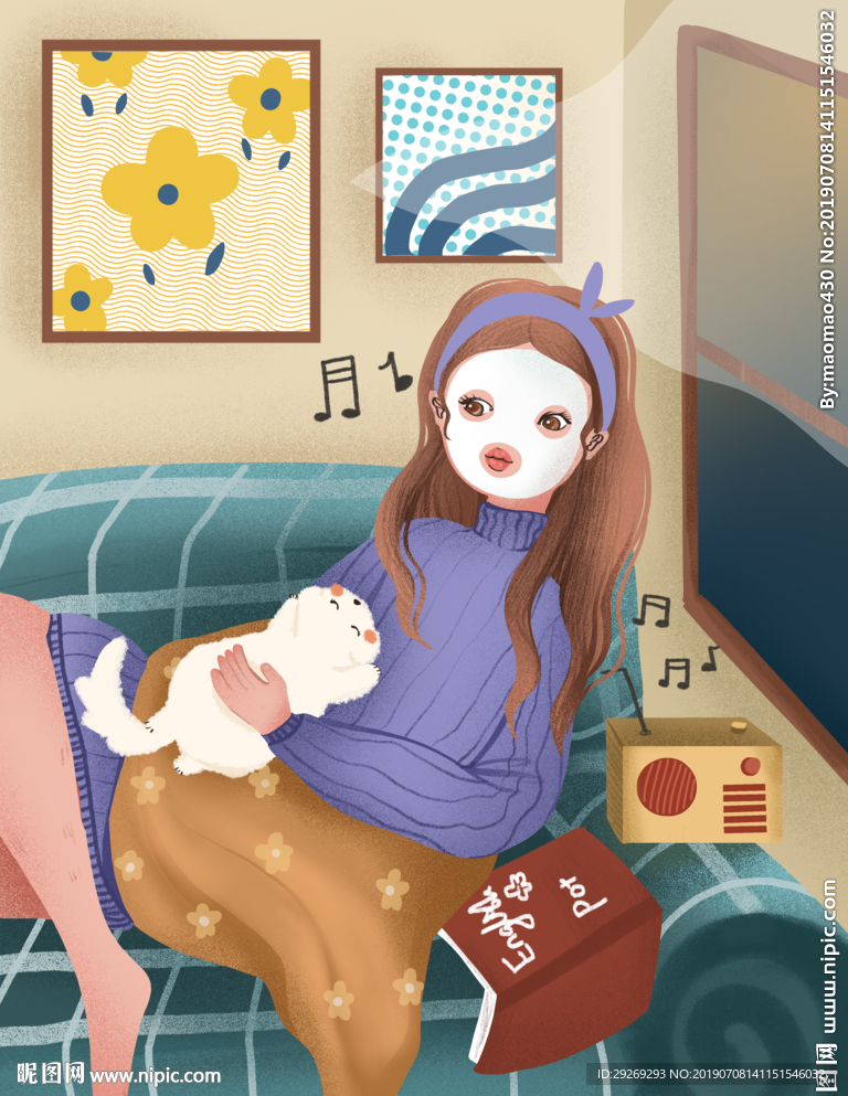 手绘卡通在化妆的女孩