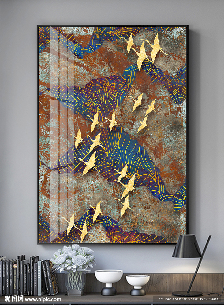 新中式抽象线条飞鸟客厅装饰画挂