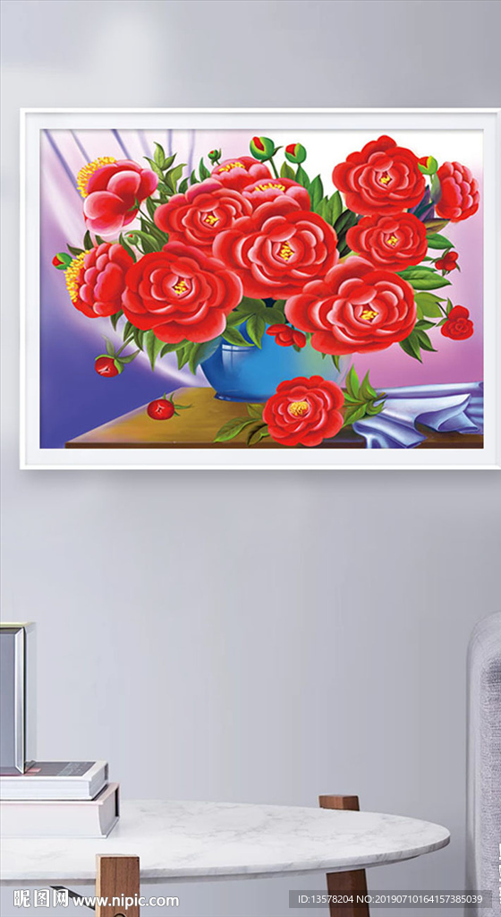 手绘玫瑰花花瓶插花无框画
