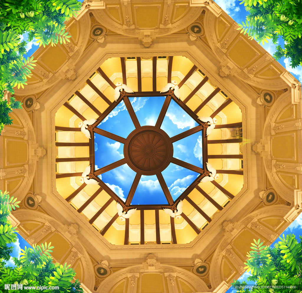 树叶蓝天白云天顶吊顶背景墙