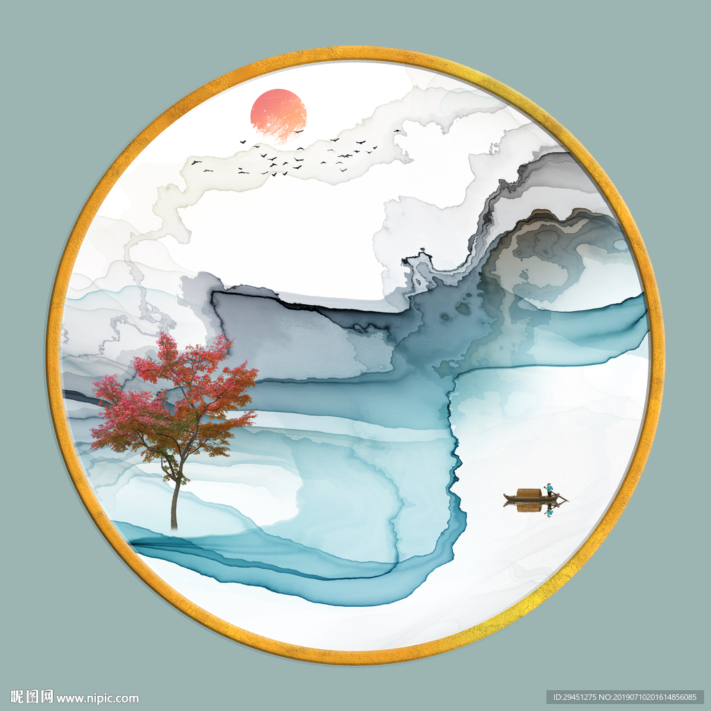 圆形装饰水墨墙画 TIF分层