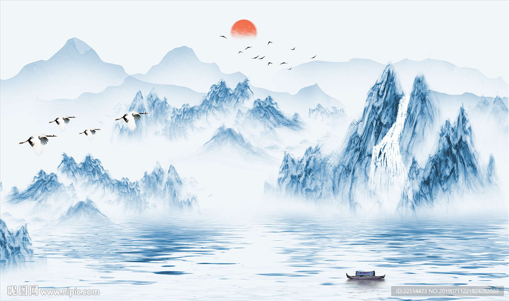 新中式抽象蓝色意境山水画背景墙