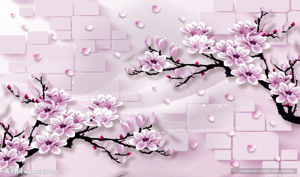 手绘工笔桃花树几何背景立体壁画