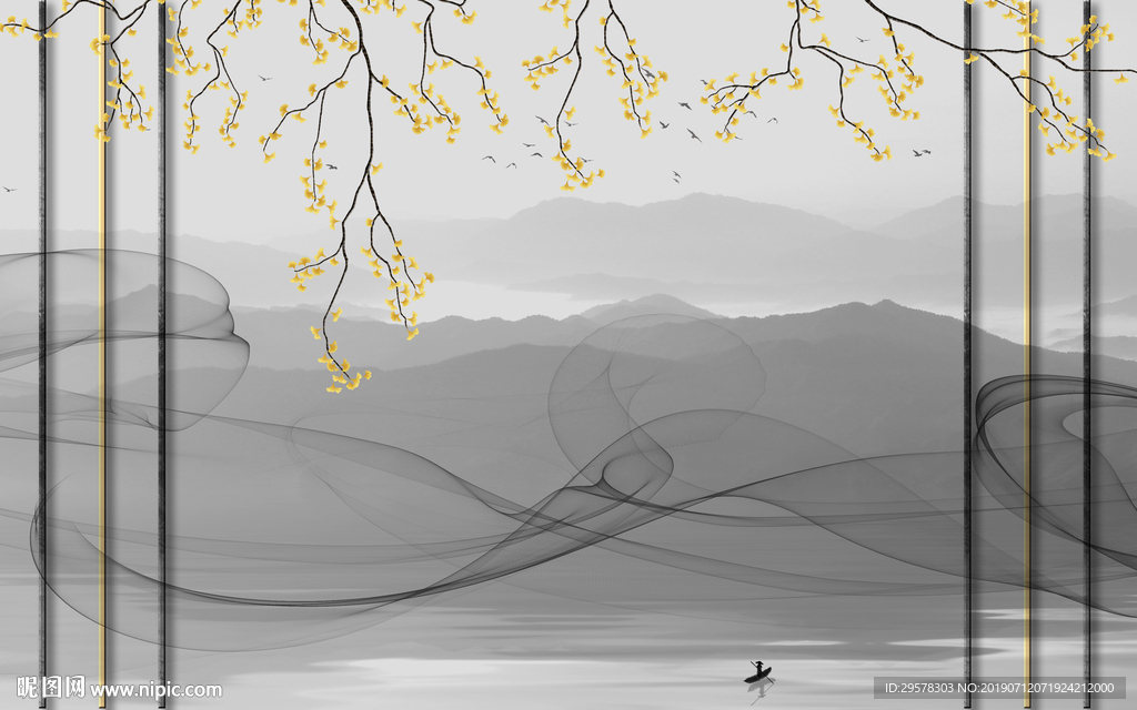 烟雾水墨山水画 TIF分层