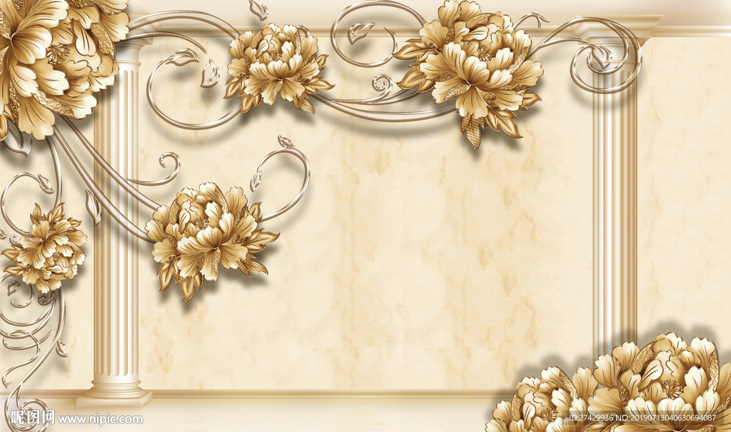 牡丹花藤罗马柱大理石立体背景墙