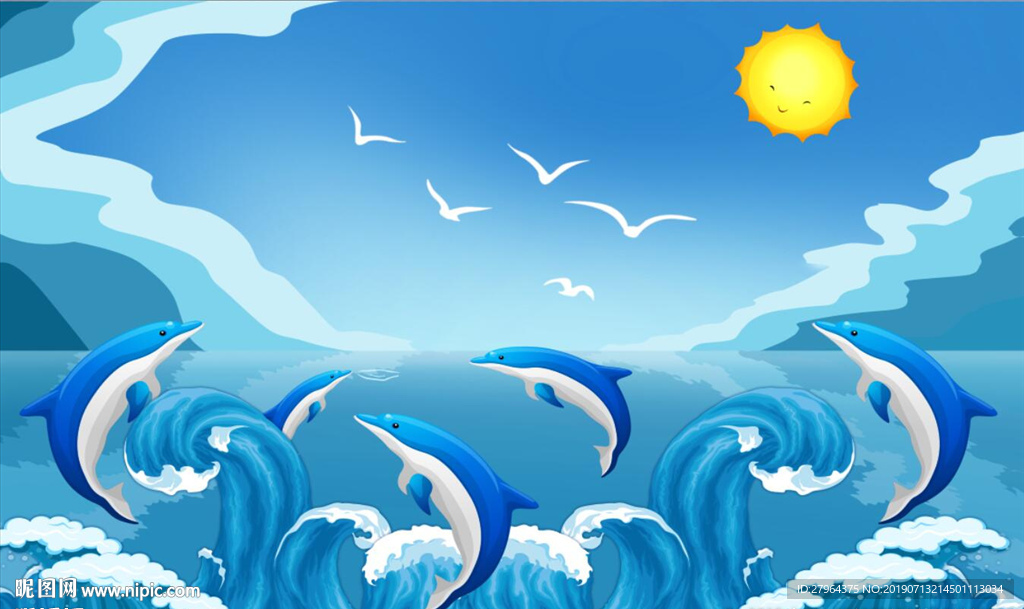 卡通蓝色大海天空海豚儿童房背景