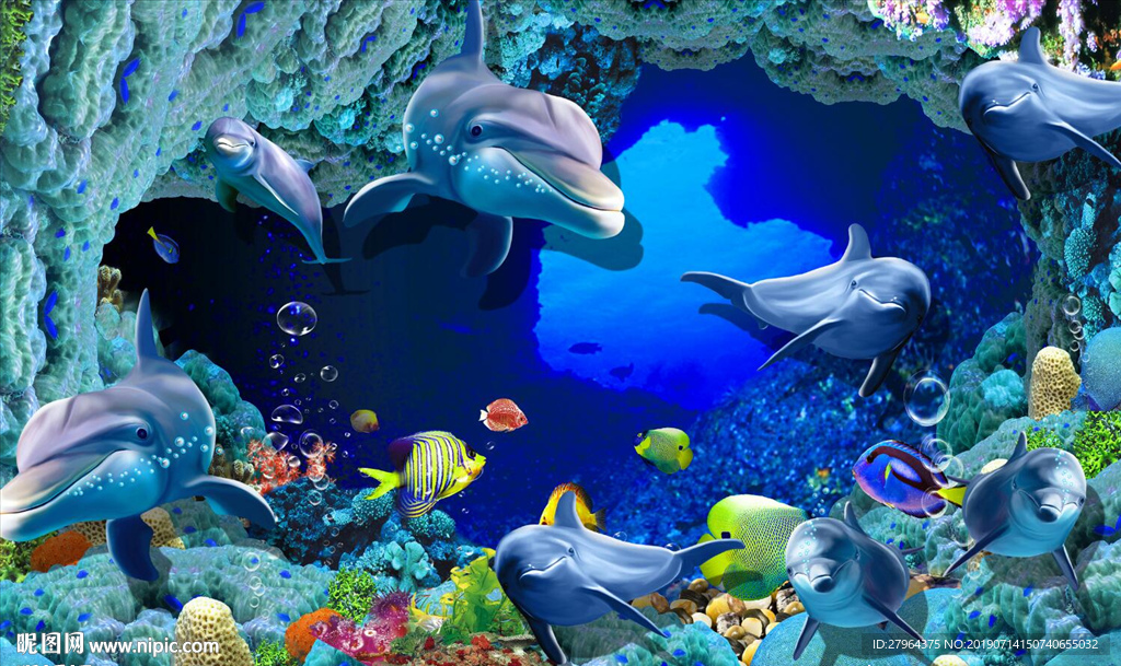 3D海底世界海豚珊瑚动物背景墙