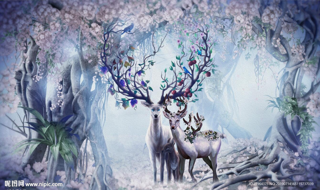 北欧森林麋鹿电视背景墙壁画