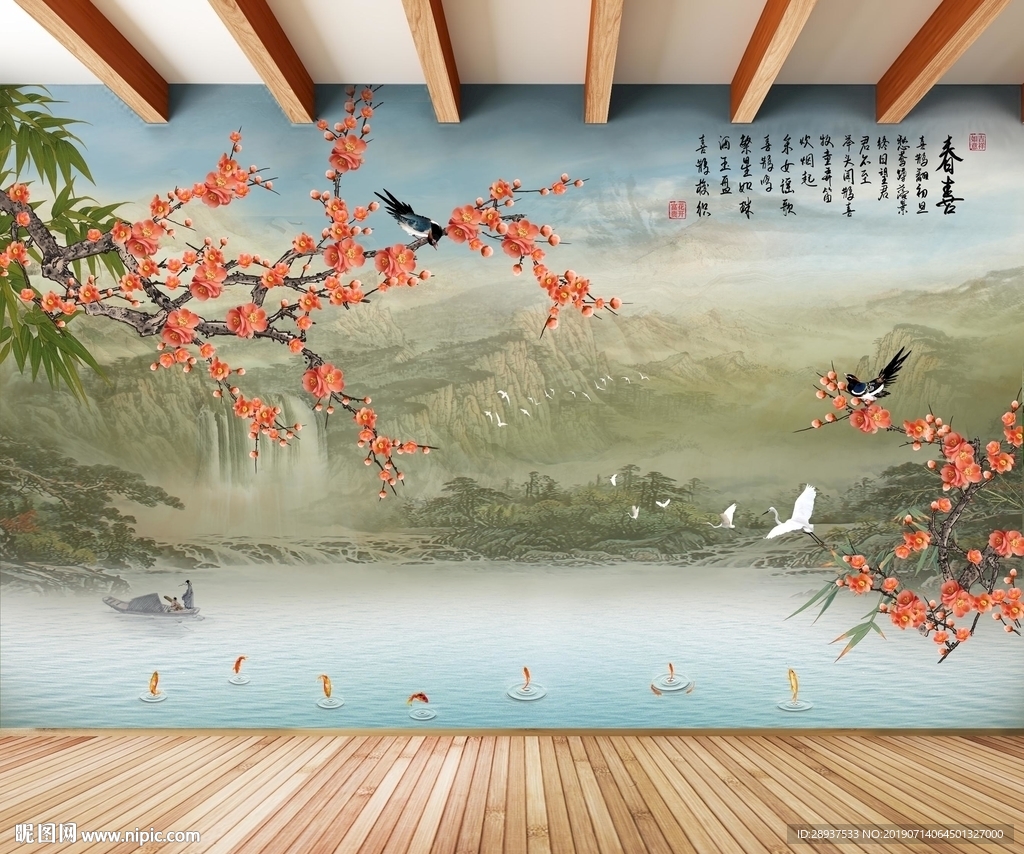 原创梅花喜鹊山水装饰画背景墙