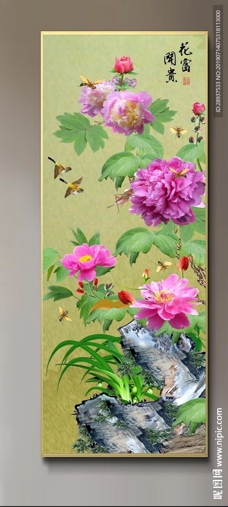 原创玄关牡丹花鸟花开富贵装饰画