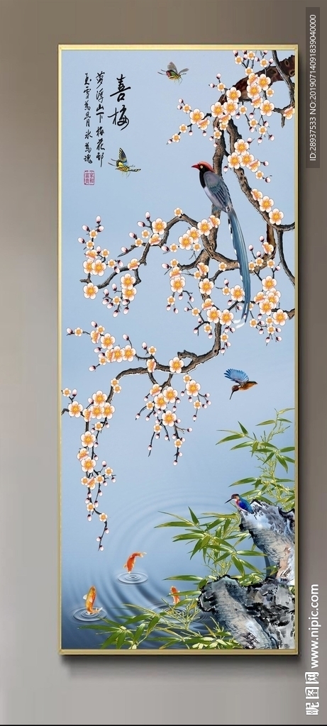 原创玄关梅花竹子喜鹊喜梅装饰画