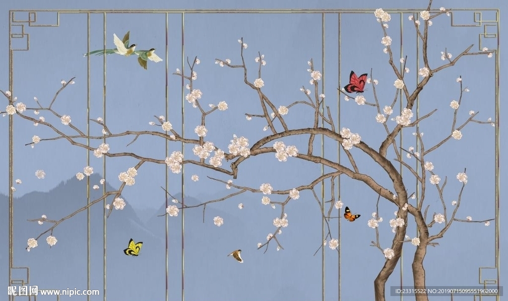 白梅渗墨大板电视背景墙