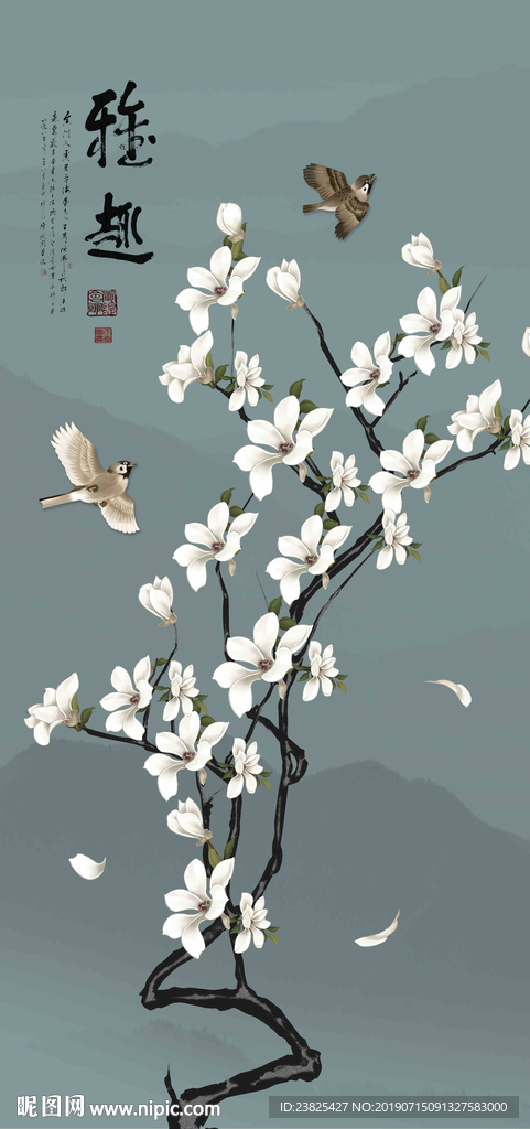 新中式手绘玉兰花鸟山水玄关背景
