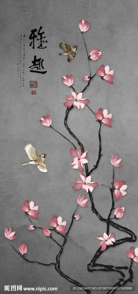 新中式手绘玉兰花鸟玄关背景墙