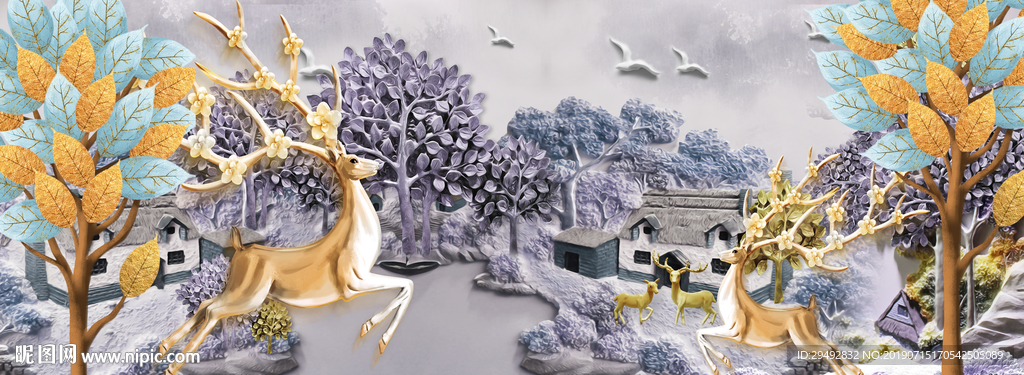 浮雕麋鹿发财树背景墙