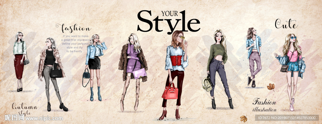 手绘时尚美女服装背景墙巨幅尺寸