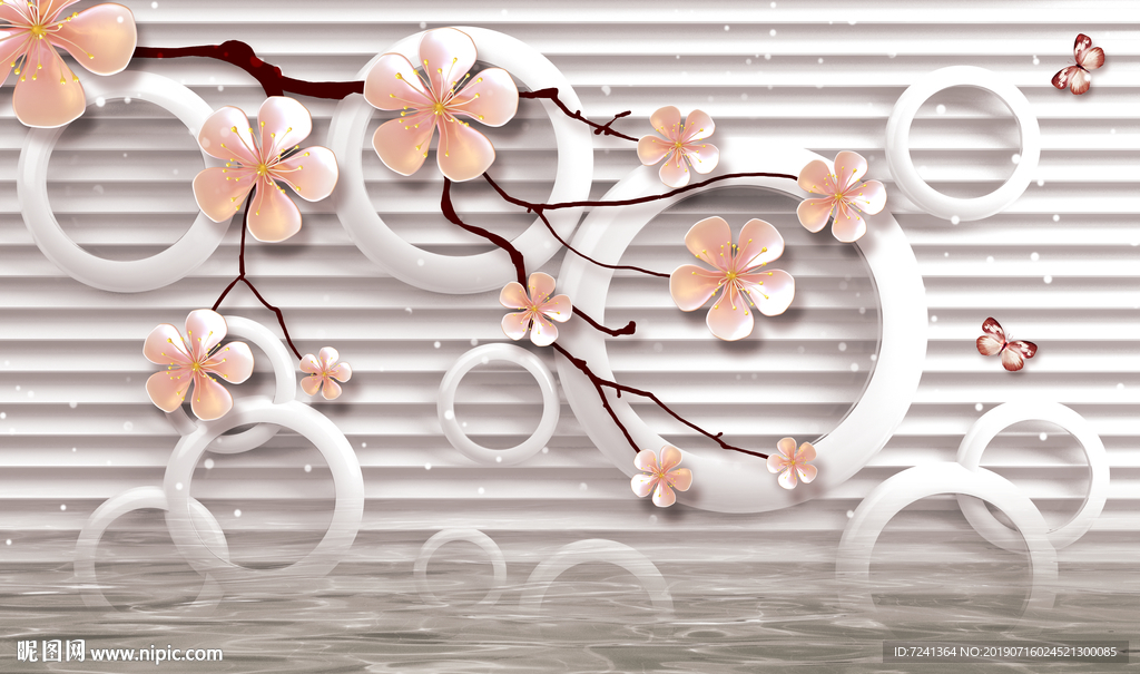 桃花树枝圆圈背景立体装饰画壁画