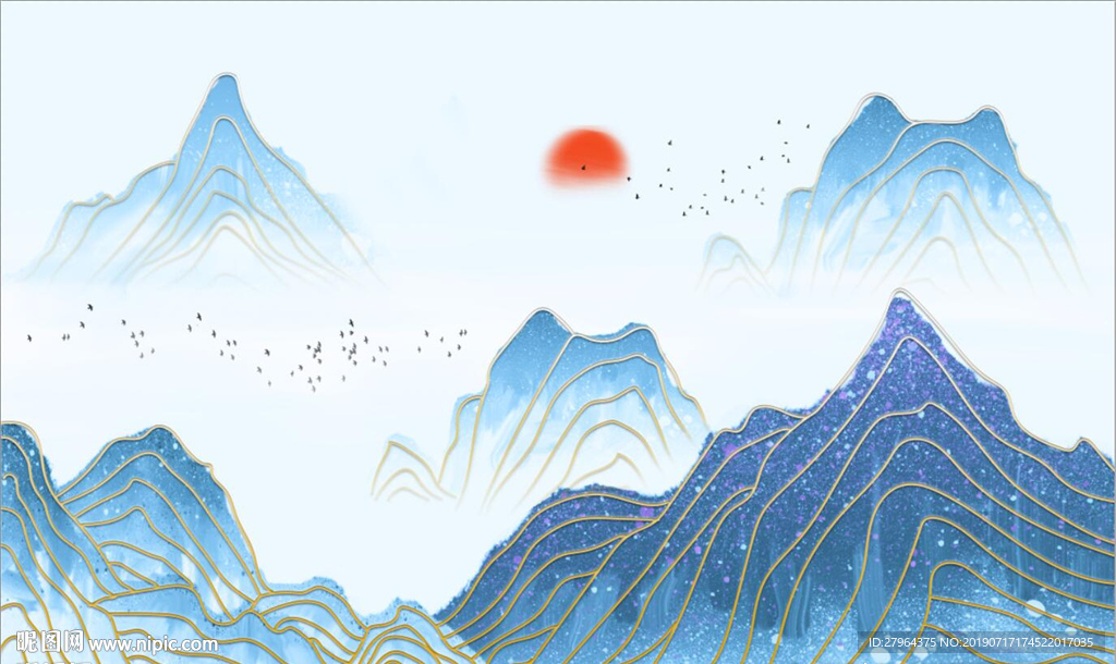 蓝色线条新中式水墨山水背景墙